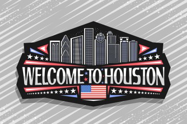 Houston için vektör logosu, Houston için siyah dekoratif rozet alacakaranlık gökyüzü arka planında çağdaş Houston şehir manzarası çizimi, Houston 'a hoş geldiniz demek için yaratıcı harflerle buzdolabı mıknatısı.