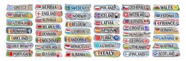 Vector set of European Countries with flags and symbols, 44 isolated horizontal labels with national state flags and brush font for different words, tourist stickers for european independence day. clipart