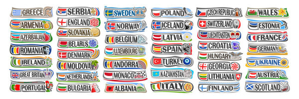 Vector set of European Countries with flags and symbols, 44 isolated horizontal labels with national state flags and brush font for different words, tourist stickers for european independence day.