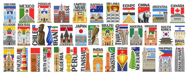 Conjunto Vectorial Países Americanos Asiáticos Con Banderas Símbolos Etiquetas Verticales — Archivo Imágenes Vectoriales