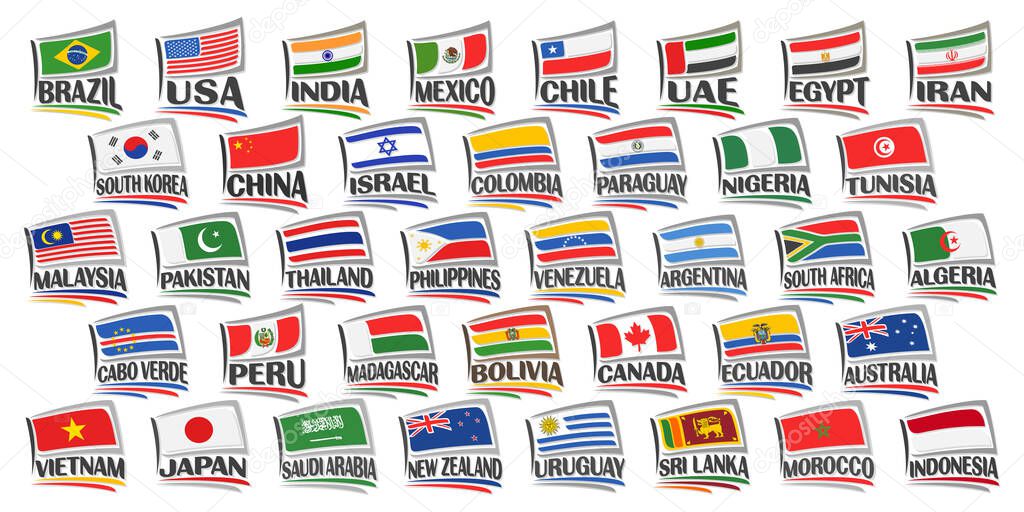 Vector set of American and Asian Countries Flags, 38 isolated labels with national state flags and brush font for different words on white background, decorative tourist stickers for independence day.