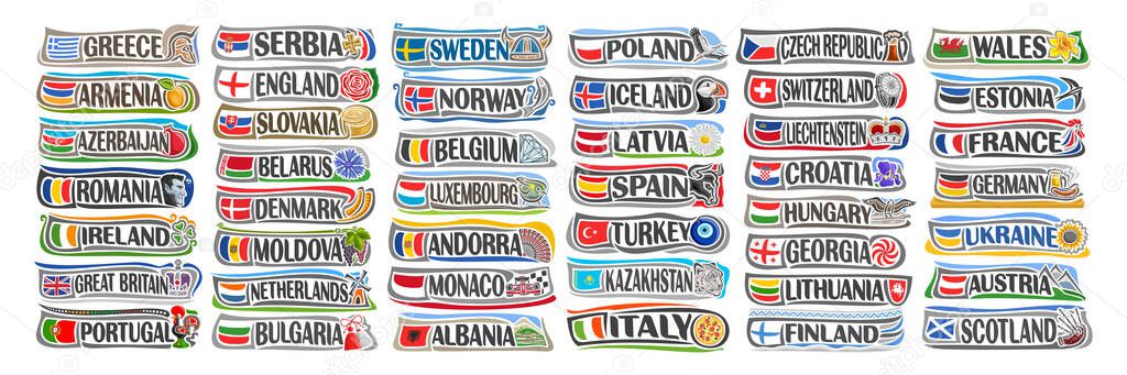 Vector set of European Countries with flags and symbols, 44 isolated horizontal labels with national state flags and brush font for different words, tourist stickers for european independence day.