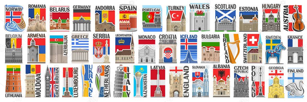 Vector set of European Countries with flags and symbols, 43 isolated vertical labels with national state flags and brush font for different words, art design stickers for european independence day.