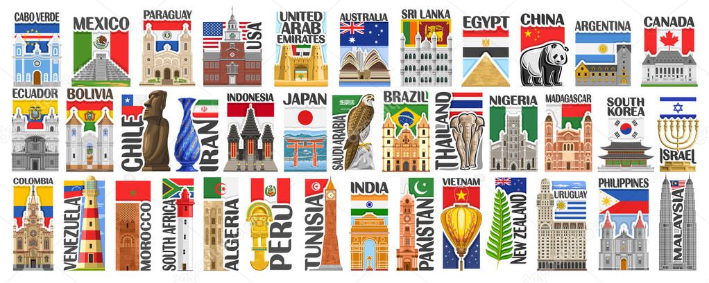 Vector set of American and Asian Countries with flags and symbols, 38 isolated vertical labels with national state flags and brush font for different words, decorative stickers for independence day.