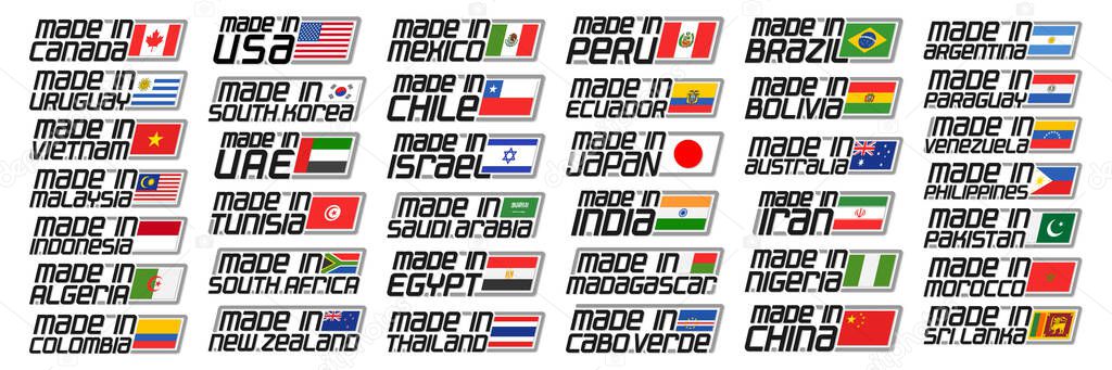 Vector set of American and Asian Countries Flags, 38 decorative isolated signs with national state flags and original letters for different words made in , industry design export nameplates with flags
