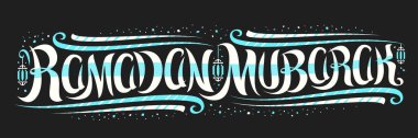 Ramazan Mübarek için vektör tebrik kartı, kıvrımlı yazı tipi olan dekoratif el ilanı, sanat tasarımı serpilmiş, eski fenerler ve konfeti, siyah arkaplan üzerine ramazan mübarek için fırça metni.