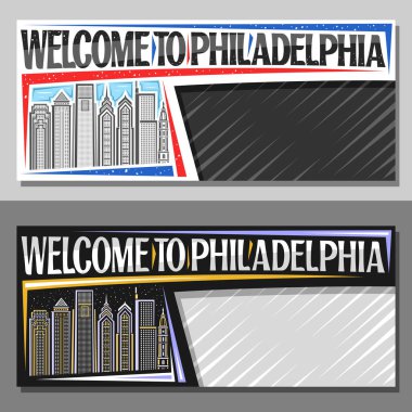 Philadelphia için fotokopi alanı, modern Philadelphia şehir manzarası çizgili dekoratif yatay kuponu, Philadelphia 'ya hoş geldiniz sözleriyle sanat tasarımı turizm kuponu.