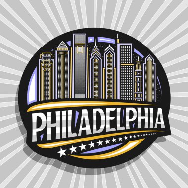 Philadelphia için vektör logosu, Philadelphia için siyah dekoratif daire rozeti gökyüzü arka planında modern Philadelphia şehir manzarasının çizimi, Philadelphia kelimesinin eşsiz harfleriyle turist buzdolabı mıknatısı.