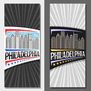 Philadelphia için vektör planları, modern Philadelphia şehrinin alacakaranlık gökyüzü arka planında çizgili tasarım broşürü, Philadelphia kelimesinin eşsiz harfleriyle sanat tasarımı turist kartı..