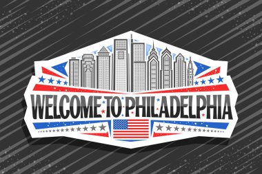 Philadelphia için vektör logosu, modern Philadelphia şehir manzarası çizgili beyaz dekoratif rozet, siyah kelimeler için eşsiz harflerle tasarlanmış turist buzdolabı mıknatısı Philadelphia 'ya hoş geldiniz..