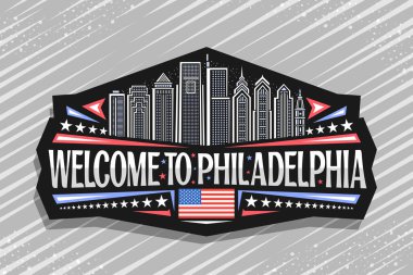 Philadelphia için vektör logosu, modern Philadelphia şehir manzarası çizgili siyah dekoratif çıkartma, sanat tasarımı turist buzdolabı mıknatısı, Philadelphia 'ya hoş geldiniz demek için eşsiz harflerle..