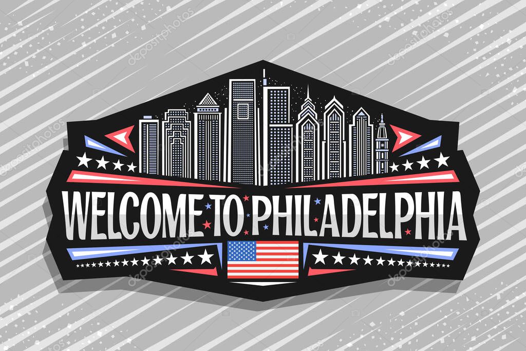 Vector logo for Philadelphia, black decorative sticker with line illustration of modern philadelphia city scape, art design tourist fridge magnet with unique letters for words welcome to philadelphia.