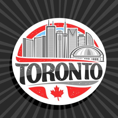 Toronto için vektör logosu, beyaz dekoratif yuvarlak etiket. Gündüz gökyüzü arka planında modern Toronto şehir manzarasının çizimi. Turist buzdolabı mıknatısı tasarımı..