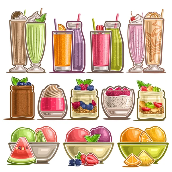 Vector Set Different Desserts 컬렉션 신선하고 음료의 삽화를 패러디와 그리고 — 스톡 벡터