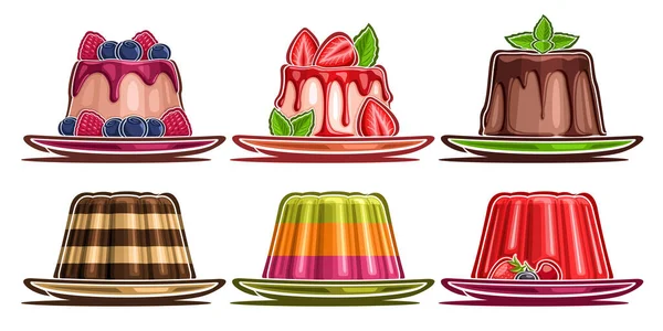 收集了6个不同种类的水果薄荷糖薄荷糖和层状果冻的切图 一组牛奶和明胶甜点 供咖啡馆或餐馆菜单使用 — 图库矢量图片