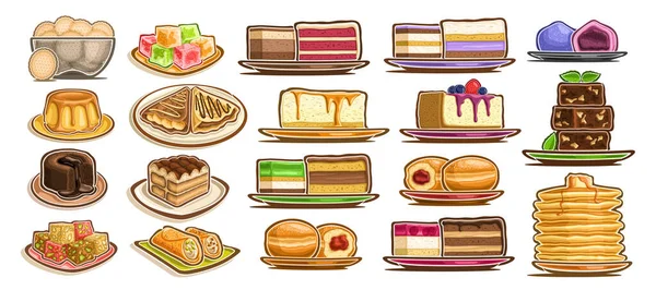 向量式的各式甜点 19个独立精美的蛋糕和精美美味的美味甜点在盘子和碗碟上 许多人把各种各样的烘焙食品切割成小菜一碟 放在咖啡店或餐馆菜单上 — 图库矢量图片