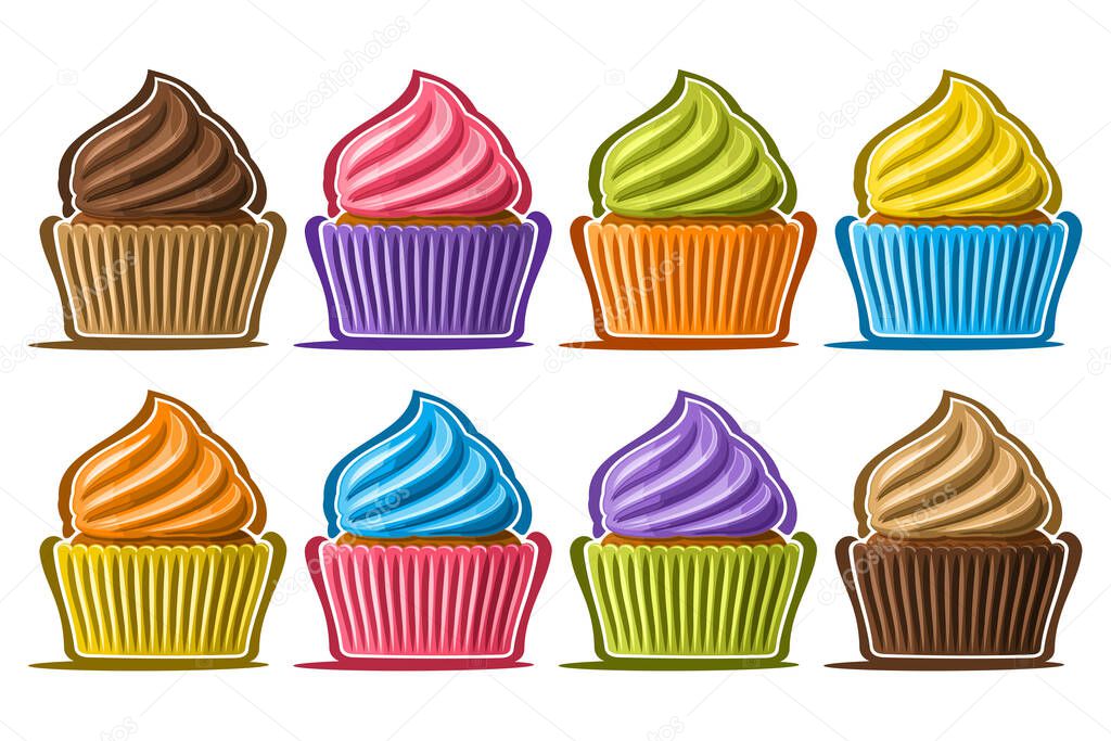 Vector Set of assorted Cupcakes, lot collection of 8 cut out illustrations of diverse colorful cupcakes or cup cakes in a row, set of many delicacy baked goods for cafe menu on white background.