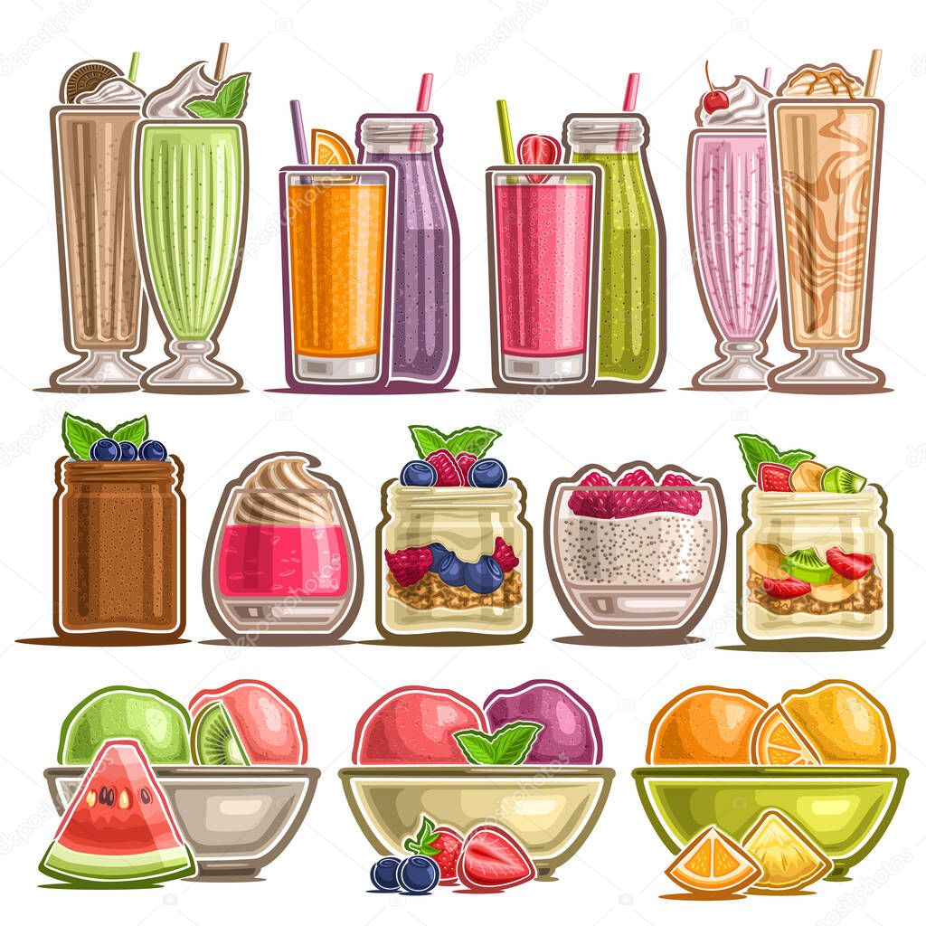 Vector Set of different Desserts, lot collection of 12 cut out illustrations of fresh assorted milk beverages, group of many parfaits and puddings and diverse frozen fruit desserts for cafe menu.