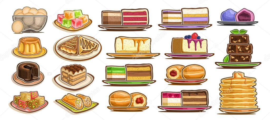 Vector Set of assorted Desserts, lot collection of 19 isolated delicate cakes and gastronomy yummy desserts on plates and dishes, group of many cut out diverse baked goods for cafe or restaurant menu.