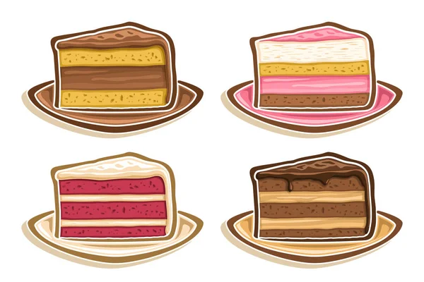 向量集各种蛋糕片 收集四幅五彩缤纷的三角形蛋糕片的剪贴画 一套精美烘焙食品 供咖啡馆或餐馆用 背景为白色 — 图库矢量图片