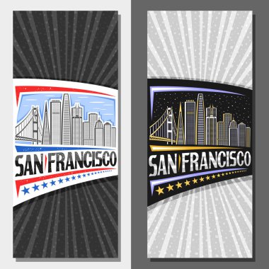 San Francisco için vektör yerleşimi, San Francisco şehir manzarası gün ve alacakaranlık gökyüzü arkaplanı çizgili dekoratif broşür San Francisco için eşsiz yazı tipi olan sanat tasarımı turist kartı