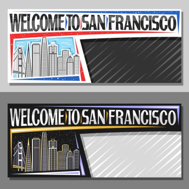 San Francisco için fotokopi alanı olan vektör yerleşimleri, San Francisco şehrinin gündüz ve alacakaranlık gökyüzü arkaplanı çizimleri, San Francisco 'ya hoş geldiniz yazılı turizm kuponları..