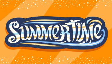 Yaz Zamanı için vektör harfleri, kıvrımlı yazı tipi ve yaz için dekoratif deniz dalgaları içeren koyu renk logo, turuncu soyut arka planda girdap şeklinde fırça harfleri olan yatay el ilanı.