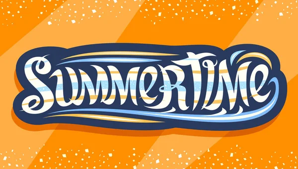 夏のためのベクトルレタリング 夏のための巻き文字フォントと装飾的な海の波と暗いロゴ オレンジ色の抽象的な背景に渦巻ブラシレタリング夏の時間と水平チラシ — ストックベクタ