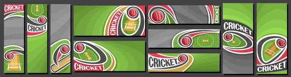 クリケットバナーのベクトルセット スポーツフィールドのイラストと緑の抽象的な背景に曲線軌道クリケットボールを飛んでクリケットイベントの垂直と水平の装飾テンプレート — ストックベクタ