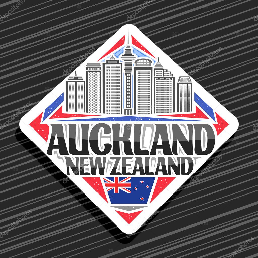 Vector logo for Auckland, white decorative road sign with illustration of auckland city scape on day sky background, tourist fridge magnet with unique letters for black words auckland, new zealand.