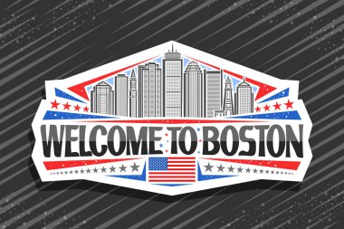 Boston için vektör logosu, Boston için beyaz dekoratif rozet, Boston şehrinin modern gökyüzü arka planının çizgi çizimi, sanat tasarımı buzdolabı mıknatısı, Boston 'a hoş geldiniz demek için eşsiz harfler..