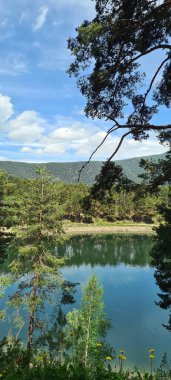 Engolasterlar göl manzaralı sakin ve soğuk suyun üzerine yansıyan ağaçlarla