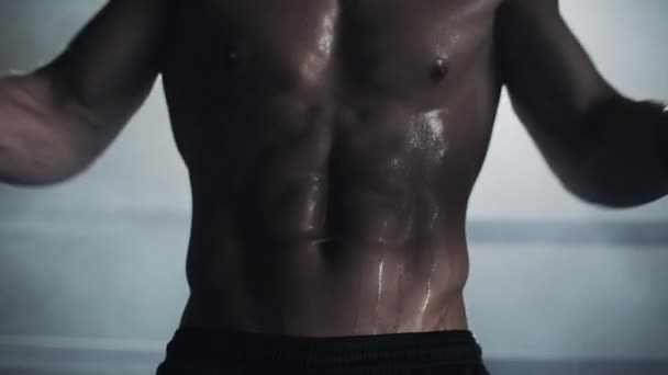 Un boxeador masculino muestra una presión y músculos. De cerca. Fondo del anillo de boxeo. Atleta desnudo posando en cámara. Silueta . — Vídeos de Stock