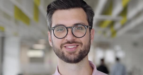 Close up of happy handsome man in glassess looking to camera and smiling. Bearded male office worker in good mood. People portraits. Concept of emotions. Blurred office background. — ストック動画