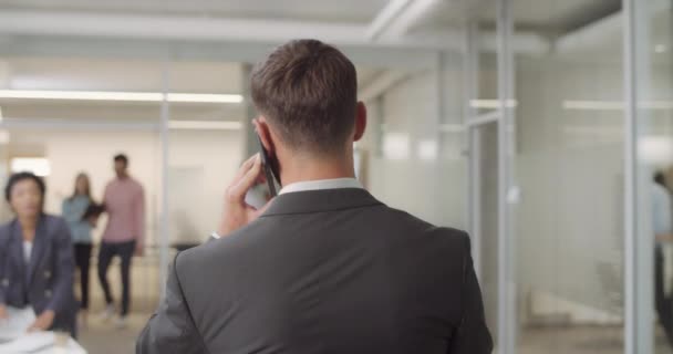 Vista trasera del hombre de negocios masculino hablando en el teléfono inteligente y entrar en la oficina moderna. Trabajadoras y trabajadores de oficina felicitando a su jefe. Concepto de negocio exitoso, victoria . — Vídeo de stock