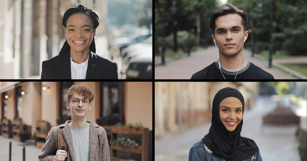 Portrait d'étudiants multiraciaux regardant dans la caméra. Collage sur écran partagé de personnes multiraciales souriantes et diverses. Concept de style de vie . Photos De Stock Libres De Droits