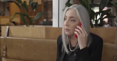 Orta yaşlı, güzel bir iş kadınının akıllı telefonuyla konuştuğu yakın plan. Konsantre olmuş yaşlı kadın patron kanepede oturuyor ve telefon görüşmesi yapıyor. Kapalı alanda. İş kavramı.