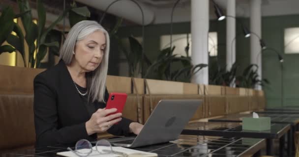 Vista lateral de la mujer madura moderna sentada en la mesa de la cafetería mientras trabaja con el ordenador portátil. Mujer de mediana edad hermosa mujer de negocios utilizando su teléfono inteligente y escribiendo en el ordenador portativo . — Vídeo de stock