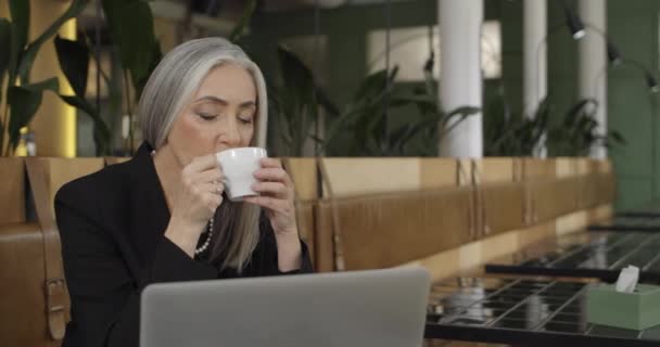 Vieja mujer de negocios elegante sentada a la mesa y disfrutando de tomar café. Emprendedora madura que trabaja con laptop en la cafetería. Concepto de trabajo, negocio y éxito. De interior . — Vídeos de Stock