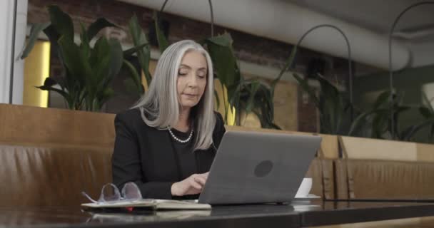 Mulher elegante na década de 50 empreendedor digitar e-mail no teclado do laptop e sorrindo. Mulher de negócios bonita em destaque sentada no café enquanto trabalhava. Conceito de comunicação, negócios . — Vídeo de Stock