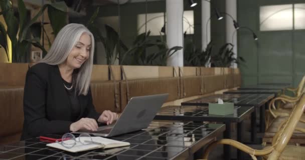Zijaanzicht van volwassen zakenvrouw zittend op de bank in cafe en met behulp van laptop. Mooie vrouw van middelbare leeftijd die video conversatie heeft terwijl ze typt op een portatieve computer. Binnenshuis. — Stockvideo
