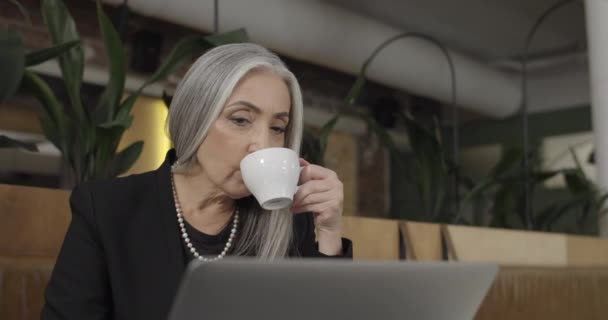 Close up of middle aged stylish businesswoman drinking coffee and looking at laptop screen. Old lady enterpreneur working with notebook and checking financial reporting.Cafe background. — Stock Video