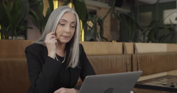 50代の成功した実業家は、ノートパソコンの画面を見て座っている。カフェでコンピュータと仕事を正式な服で美しい老婦人のフロントビュー。事業の成功の概念. — ストック動画