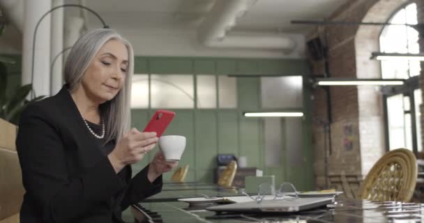Zijaanzicht van oude elegante ondernemer zittend aan cafe tafel en kijkend naar het telefoonscherm. Volwassen vrouwelijke ondernemer met behulp van smartphone en drinken cofee. Begrip "bedrijf en werk". — Stockvideo