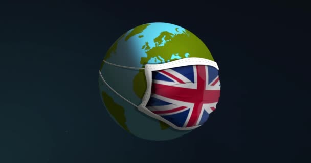 지구 애니메이션 (Animation of Earth): 박테리아나 바이러스 보호를 위해 영국의 플래그 (Flag of the United Kingdom) 와 함께 의료용 마스크를 쓰는 것. 위험 한 대유행 성 코로나 바이러스의 개념. 검은 배경에 고립됨. — 비디오