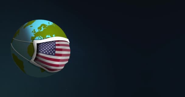 Earth globe ademhaling tijdens het dragen van medische gezichtsmasker met USA vlag op voor bacteriën of virusbescherming. Concept van een pandemisch coronavirus. Geïsoleerd op zwarte achtergrond. — Stockvideo