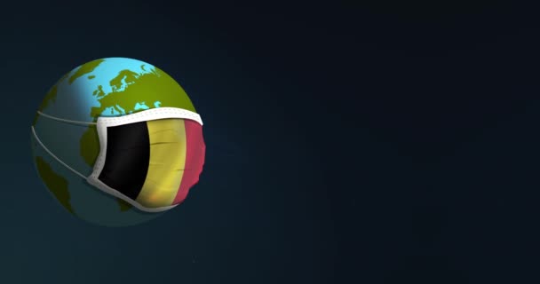 Terra globo respirando enquanto vestindo em máscara facial médica com bandeira belga sobre ele para a proteção de bactérias ou vírus. Conceito de coronavírus pandêmico. Isolado em fundo preto . — Vídeo de Stock