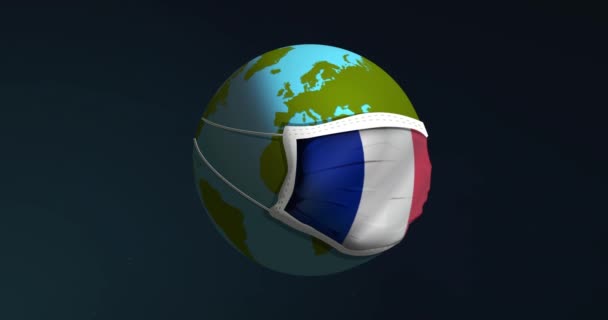 Animación del globo terráqueo en máscara facial médica con la bandera de Francia en ella para la protección de bacterias o virus. Concepto de peligroso coronavirus pandémico. Aislado sobre fondo negro . — Vídeos de Stock