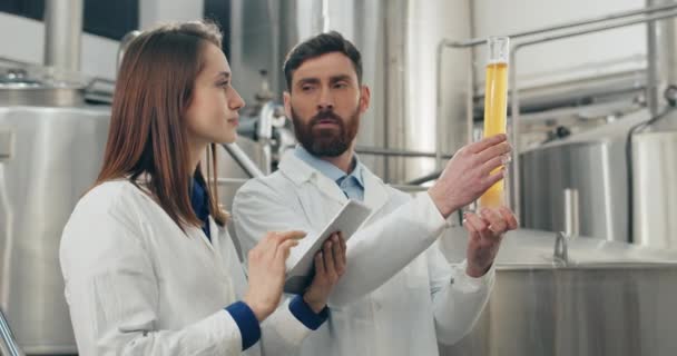 Trabajadores de cervecería masculinos y femeninos en batas de laboratorio comprobando la calidad y hablando. Hombre con tableta y mujer sosteniendo tubo de vidrio mirando bebidas recién hechas y hablando en la planta de cerveza . — Vídeos de Stock