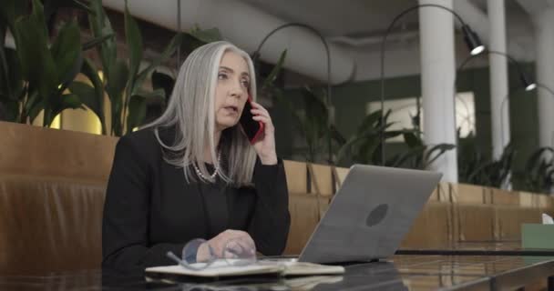 Mujer de negocios de edad que se comunica en el teléfono inteligente mientras está sentado frente a la computadora portátil. Elegante jefa que trabaja en la cafetería y tiene una conversación de negocios. En el interior. Concepto de trabajo . — Vídeos de Stock